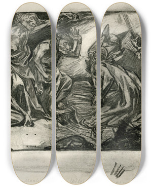 Triptych art skateboard deck of Johannes Josephus Aarts Macbeth Banquo En De Drie Hekse by Johannes Josephus Aarts (1871-1934)