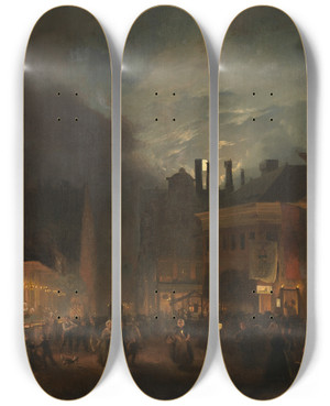 Triptych art skateboard deck of Hendrik Gerrit Ten Cate Kermis Op De Botermarkt Bij Avond by Hendrik Gerrit Ten Cate (1803-1856)
