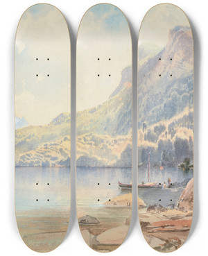 Triptych art skateboard deck of Nicholas Chevalier Te Anau Lake Nz by Nicholas Chevalier (1828-1902)