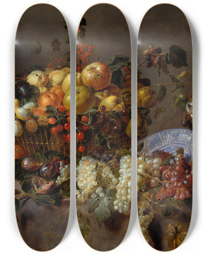 Triptych art skateboard deck of Adriaen Van Utrecht Still Life With Fruit And A Monkey Eating Grapes by Adriaen Van Utrecht (1599-1652)