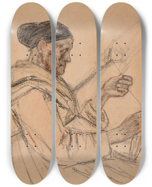 Triptych art skateboard deck of Flicien Rops La Vieille Fileuse by Felicien Rops (1833-1898)