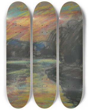 Triptych art skateboard deck of Zolo Palugyay River In A Dark Willow Grove_1 by Zolo Palugyay (1898-1935)
