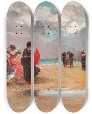 Triptych art skateboard deck of Louis Adolphe Tessier A Storm Is Approaching by Louis Adolphe Tessier (1858-1915)