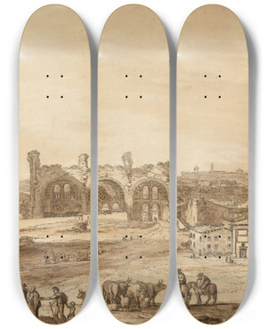Triptych art skateboard deck of Richard Cooper The Younger View Across The Campo Vaccino Rome by Richard Cooper the Younger (1740-1822)