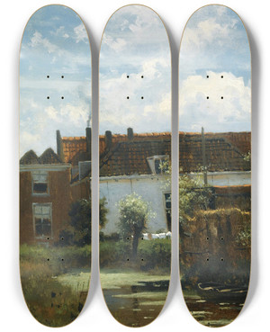 Triptych art skateboard deck of Johan Hendrik Weissenbruch A Farmalong A Canal In A Polder Landscape by Johan Hendrik Weissenbruch (1824-1903)
