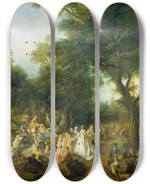 Triptych art skateboard deck of Nicolas Lancret Fte In A Wood by Nicolas Lancret (1690-1743)