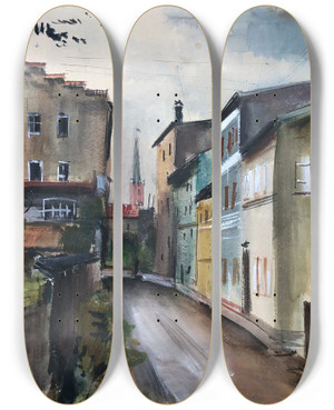 Triptych art skateboard deck of Otto Geigenberger Wasserburg Am Inn by Otto Geigenberger (1881-1946) Triptych art skateboard deck of Otto Geigenberger Wasserburg Am Inn by Otto Geigenberger (1881-1946)