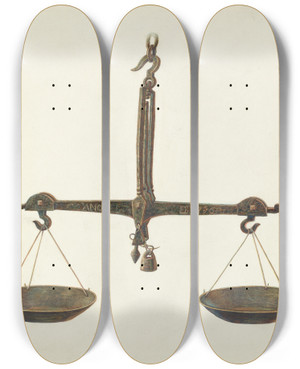 Triptych art skateboard deck of Ruth Buker Balance Scales by Ruth Buker