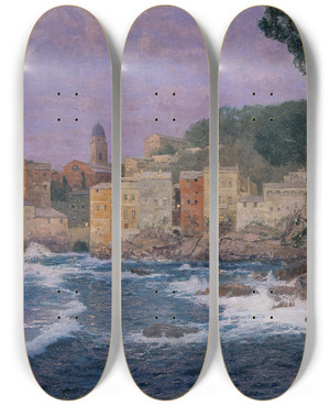 Triptych art skateboard deck of Alfred Zoff Stadt An Der Riviera by Alfred Zoff (1852-1927)