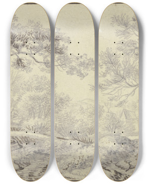 Triptych art skateboard deck of Philippine Schtz Waldweg Im Hintergrund Ein Haus Vorne Rechts Zwei Rastende by Philippine Schutz