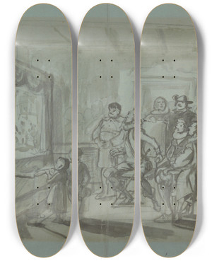 Triptych art skateboard deck of Wilhelm Marstrand Don Quixote And Others Attending Master Peters Puppet Show by Wilhelm Marstrand (1810-1873)