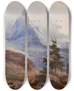 Triptych art skateboard deck of Edward Theodore Compton View Of The Matterhorn by Edward Theodore Compton (1849-1921)