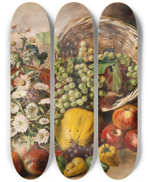 Triptych art skateboard deck of Carl Massmann Stillleben Mit Astern Und Obstkorb by Carl Massmann (1859-1929)
