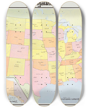 Triptych art skateboard deck of Us Information Agency Untitled Foreign Language Poster Featuring A Map Of The United States by U S Information Agency (1953-1999)