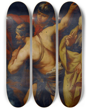 Triptych art skateboard deck of Francesco Rosa Semiramis Called To Arms by Francesco Rosa (1638-1687)