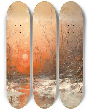 Triptych art skateboard deck of Dsire Thomassin A Forest Path With Hunter At Sunset by Desire Thomassin