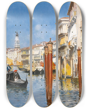 Triptych art skateboard deck of Rubens Santoro The Grand Canal With The Rialto Bridge Venice by Rubens Santoro (1859-1942)