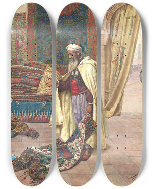 Triptych art skateboard deck of Giulio Rosati The Carpet Merchant_2 by Giulio Rosati (1858-1917)