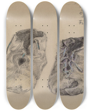 Triptych art skateboard deck of Margaret Knapp Booties by Margaret Knapp