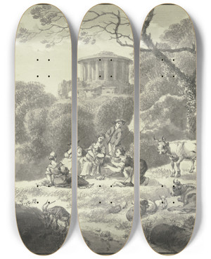 Triptych art skateboard deck of Johann Christian Klengel Bewaldete Hgellandschaft Mit Antikem Rundtempel by Johann Christian Klengel (1751-1824)