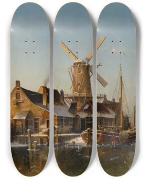Triptych art skateboard deck of Johannes Bertholomus Duntze A Winter Landscape With A Mill On A Frozen River by Johannes Bertholomaus Duntze (1823-1895)