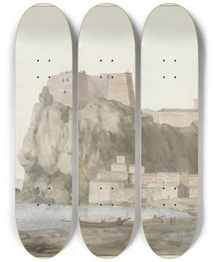 Triptych art skateboard deck of Abrahamlouisrodolphe Ducros Rots En Stad Scilla In De Regio Calabri Aan De Westkust by Abraham-Louis-Rodolphe Ducros (1748-1810)