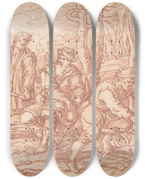 Triptych art skateboard deck of Jonas Umbach March One Of A Series Representing The Labors Of The Months by Jonas Umbach (1624-1700)