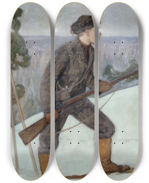 Triptych art skateboard deck of Pekka Halonen The Lynx Hunter by Pekka Halonen (1865-1933)