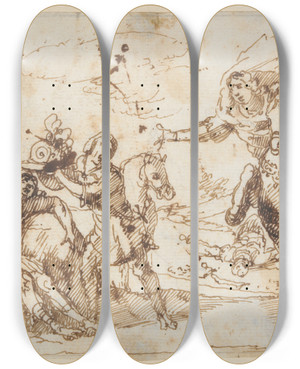 Triptych art skateboard deck of Francesco Allegrini Scene From Tassos Gerusalemmeliberata by Francesco Allegrini (1587-1663)
