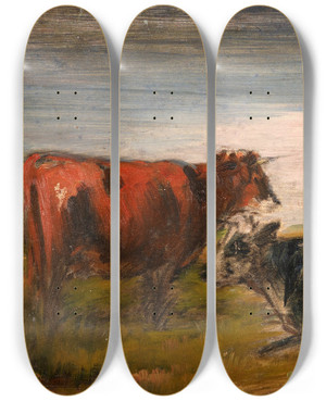 Triptych art skateboard deck of Wilhelm Busch Shepherd With Cows by Wilhelm Busch (1832-1908)