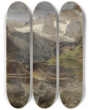 Triptych art skateboard deck of Theodor Von Hrmann Gosaumhle Mit Dachstein by Theodor Von Hormann (1840-1895)