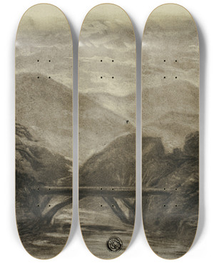 Triptych art skateboard deck of Elizabeth Murray Mountain Stream With Small Bridge I by Elizabeth Murray (1815-1882)