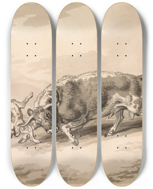 Triptych art skateboard deck of Samuel Howitt Bull Attacking Mastiff by Samuel Howitt (1756-1822)