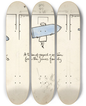 Triptych art skateboard deck of Cyril Kenneth Bird Fougasse  Three Cartoon Figures Of Women Carrying An Aeroplane A Shell And A Machine Gun by Cyril Kenneth Bird (Fougasse) (1887-1965)
