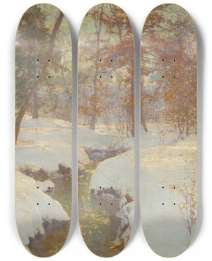 Triptych art skateboard deck of Walter Launt Palmer Oaks In Winter Snow In November by Walter Launt Palmer (1854-1932)