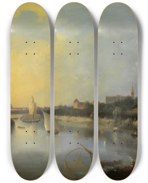 Triptych art skateboard deck of Manuel Barrn Escena De Sevilla A View Of Seville by Manuel Barron (1814-1884)