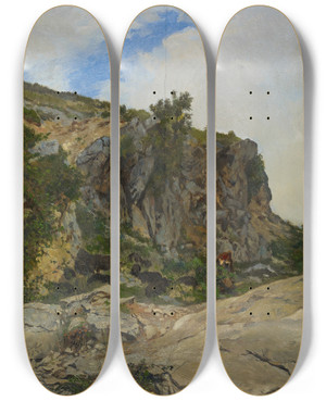 Triptych art skateboard deck of Frank Buchser Flock In The Alps by Frank Buchser (1828-1890)
