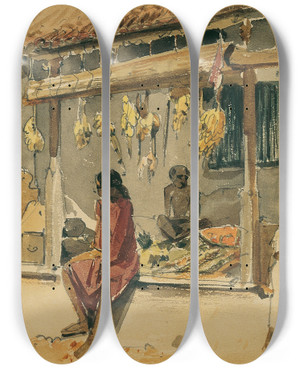 Triptych art skateboard deck of Joseph Selleny Hhnerhndler In Point De Galle Auf Ceylon Sri Lanka by Joseph Selleny (1824-1875)