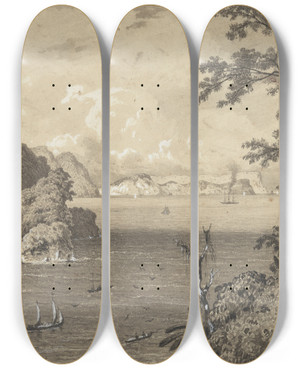 Triptych art skateboard deck of Michel Jean Cazabon The Bocas From The Old Fort Maquerite by Michel Jean Cazabon (1813-1888)