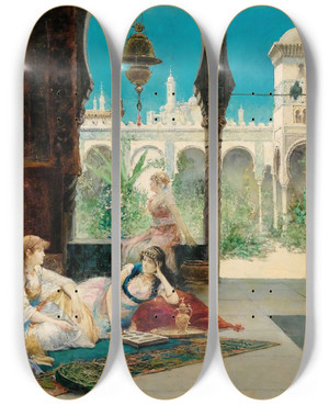 Triptych art skateboard deck of Juan Gimnez Martn In The Harem_2 by Juan Gimenez Martin (1858-1901)