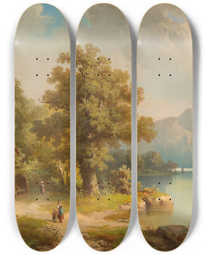 Triptych art skateboard deck of Guido Hampe At Lake Lucerne by Guido Hampe (1839-1902)