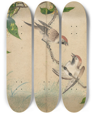 Triptych art skateboard deck of Zhang Ruoai Gossiping Sparrows by Zhang Ruoai (1713-1746)
