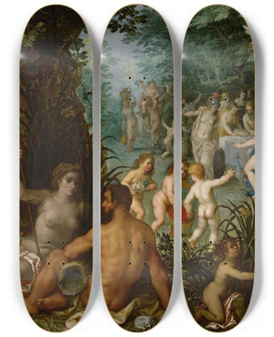 Triptych art skateboard deck of Jan Brueghel The Elder Landscape With Wedding Of Peleus And Thetis by Jan Brueghel The Elder (1568-1625)