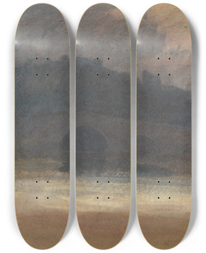 Triptych art skateboard deck of Joseph Mallord William Turner Evening Landscape With Castle And Bridge In Yorkshire by Joseph Mallord William Turner (1775-1851)