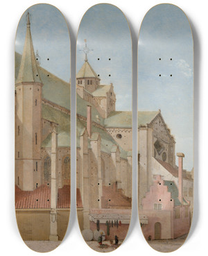 Triptych art skateboard deck of Pieter Jansz Saenredam The Mariaplaats With The Mariakerk In Utrecht by Pieter Jansz Saenredam (1597-1665)