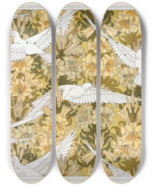 Triptych art skateboard deck of Maurice Pillard Verneuil Colombes Et Lis Toffe Imprime by Maurice Pillard Verneuil (1869-1942)