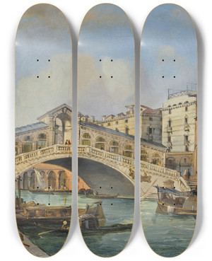 Triptych art skateboard deck of Carlo Grubacs Venice A View Of The Rialto Bridge From The South by Carlo Grubacs (1812-1870)