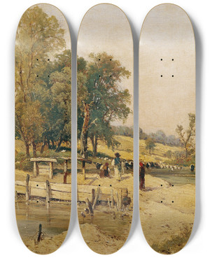 Triptych art skateboard deck of Theodor Von Hrmann Ungarische Landschaft Mit Viehtrnke by Theodor Von Hormann (1840-1895)