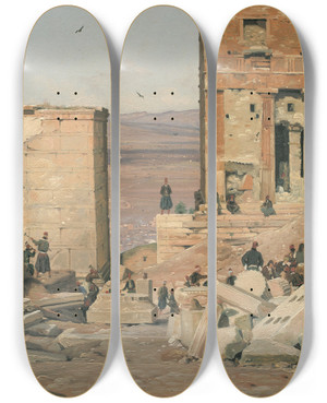 Triptych art skateboard deck of Martinus Rrbye Greeks Working In The Ruins Of The Acropolis by Martinus Rorbye (1803-1848)