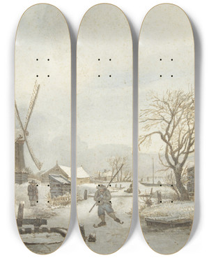 Triptych art skateboard deck of Gerrit Lamberts Winterlandschap by Gerrit Lamberts (1776-1850)